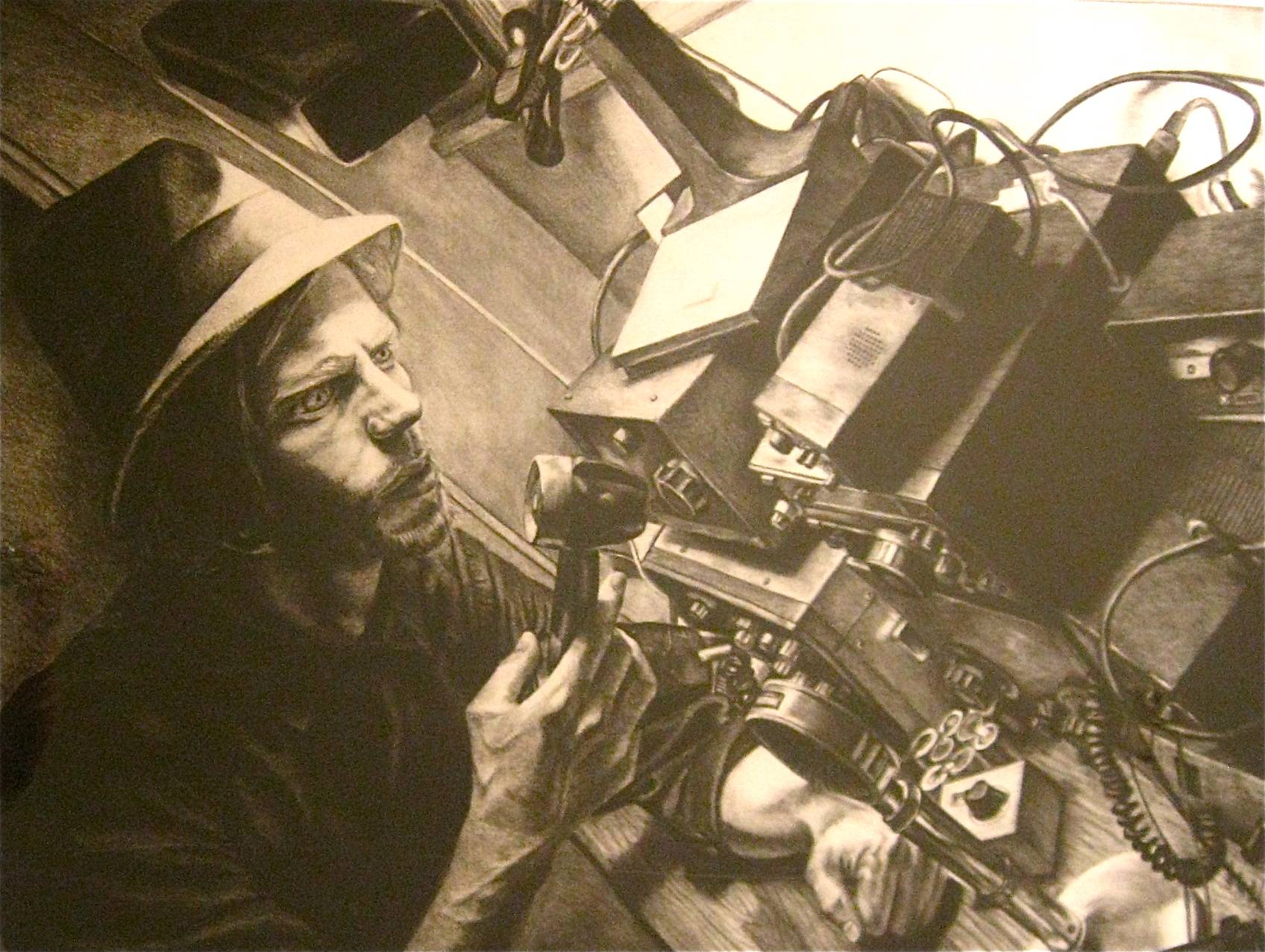 charcoal drawing of man at radio equipment with look of concern